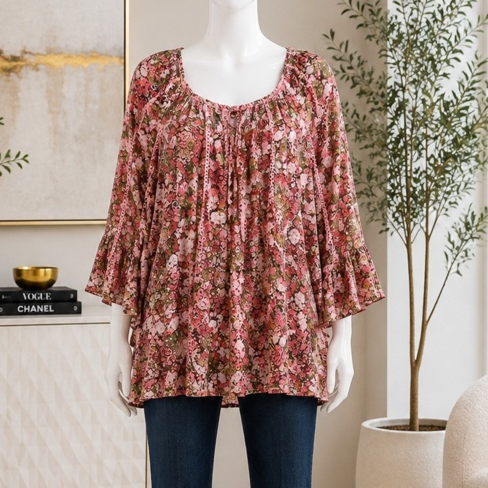 CJ Banks Womens Blouse Floral Boho Crochet Trim Ruffle Sleeve Pink 2X